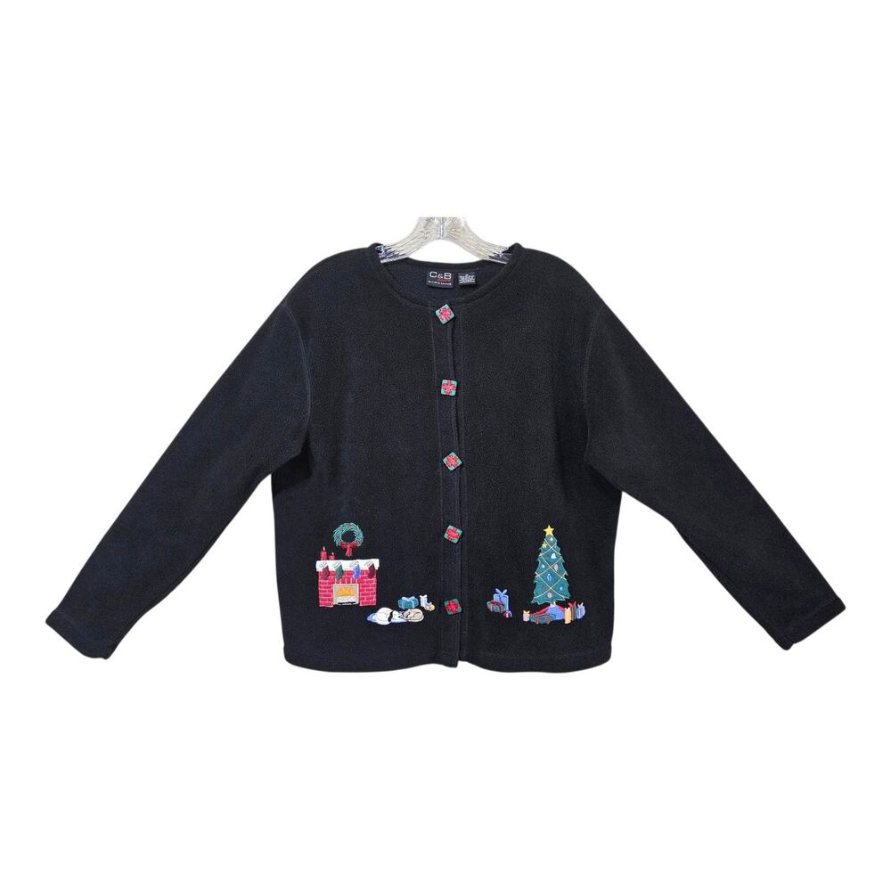 Vintage CHRISTMAS CARDIGAN Women's M Button Up Embroidered Fleece Holiday 42"